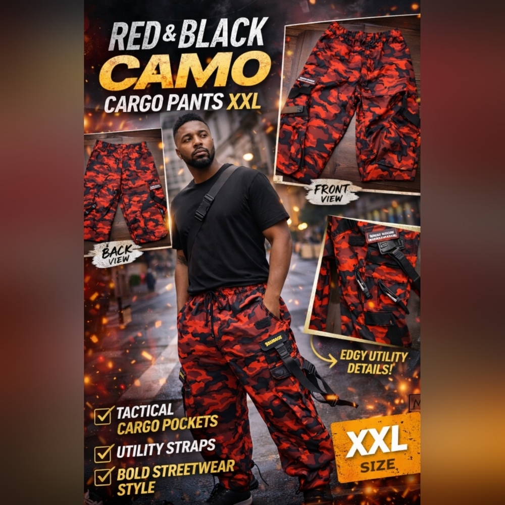 Red Camo Tactical Cargo Pants 2XL – Utility Strap Streetwear